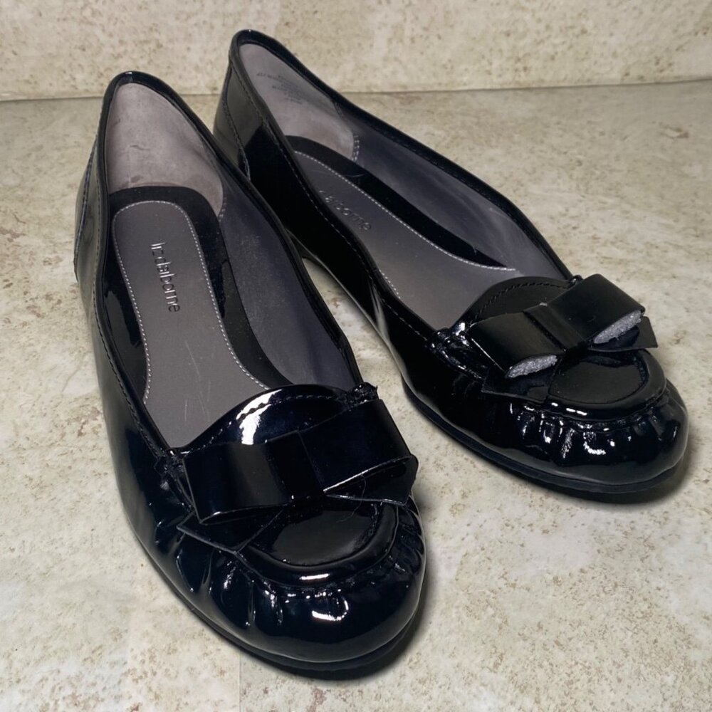 Liz Claiborne Black Patent Leather Bow Flats Women‎ Casual Comfort Office